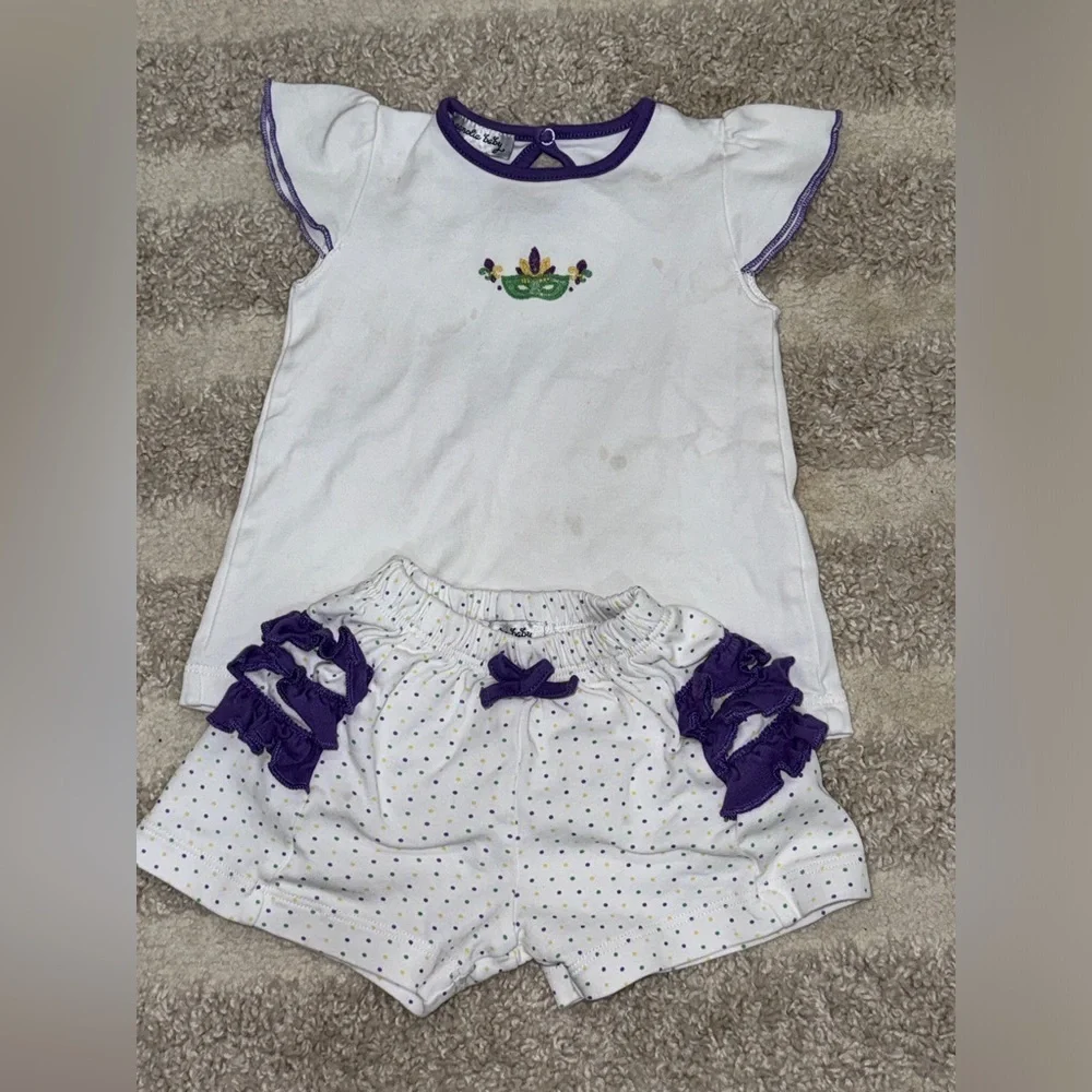 Mardi Gras pima matching set embroidered baby girl ruffles tee smock shorts